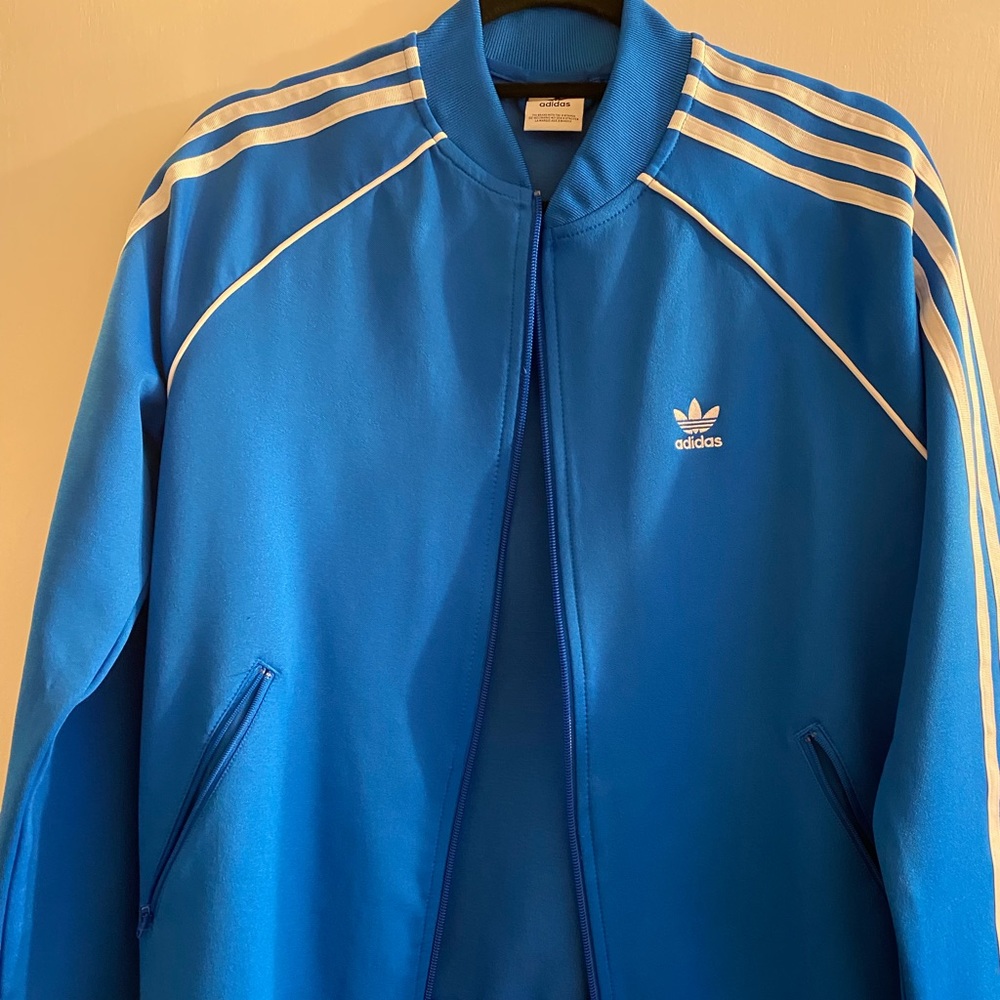 Adidas blue and white track jacket